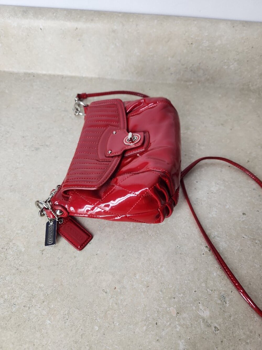 Coach Poppy Liquid Gloss Quilted Patent Leather Mini crossbody purse bag red - Picture 6 of 13